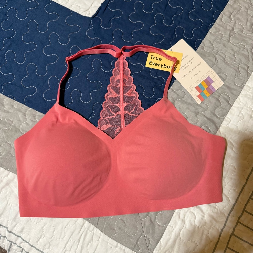Lace V-Neck Racerback Bra Bralette. Coral True & Co. All Day Comfort XL